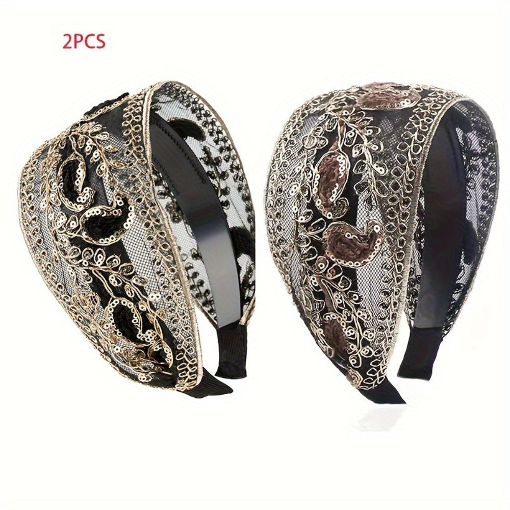 Lace Sequin Flower Headbands for Women 2pcs Wide Non-Slip Boho Retro Embroidered Hair Hoops for Daily Wear Spring Summer Wedding Party Chic Hair Accessories Gift Set Black Coffee Red Green