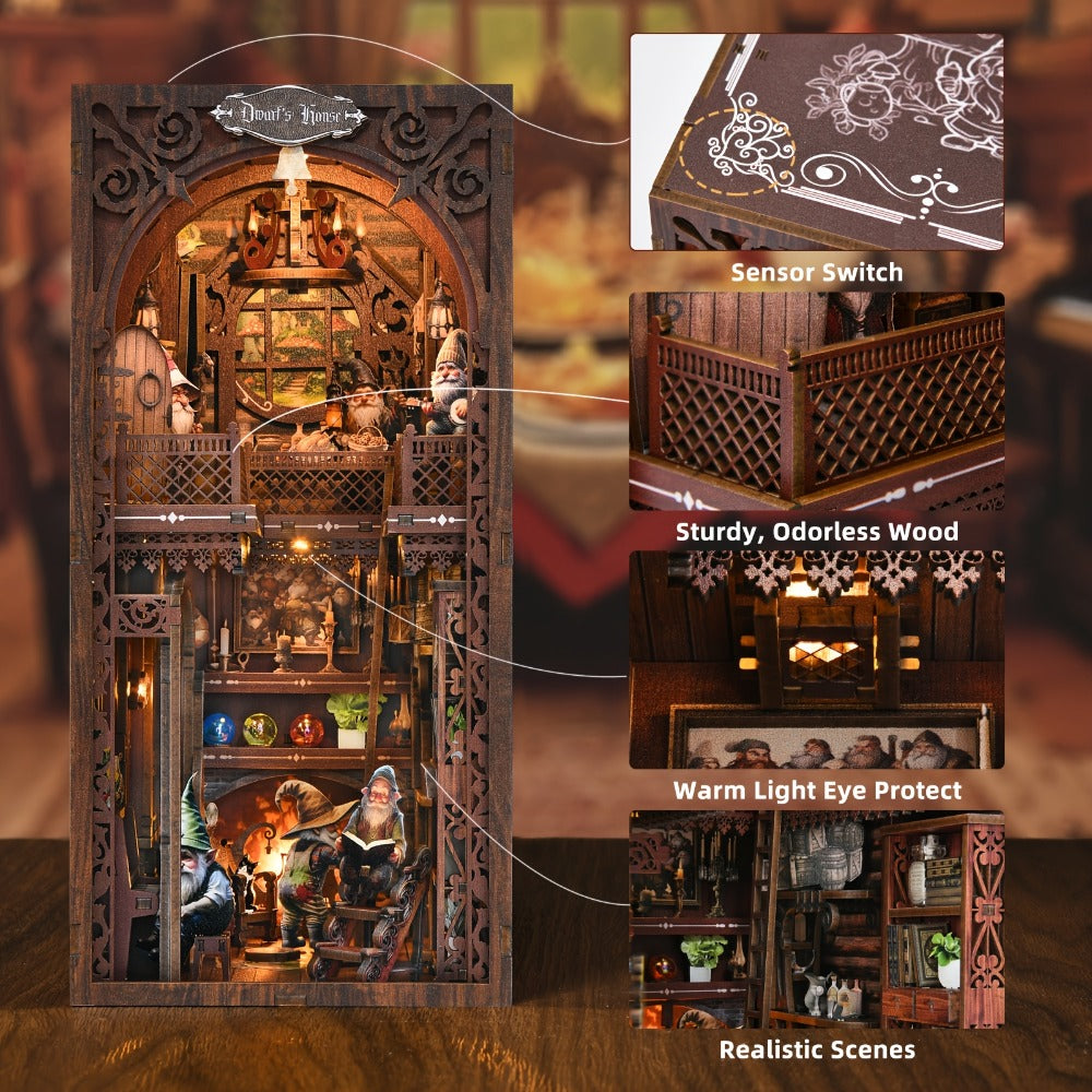 Dwarf’s House Book Nook Kit KT01 with 275-Piece Fantasy Workshop Scene, Warm Light and Sensor Switch