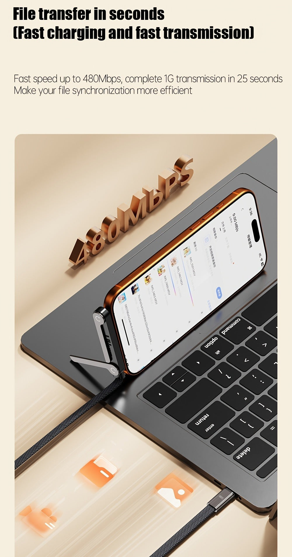 Folding-Bracket USB-C to USB-C Cable with 240W Marking, 480Mbps Graphic and 4.92 ft Length