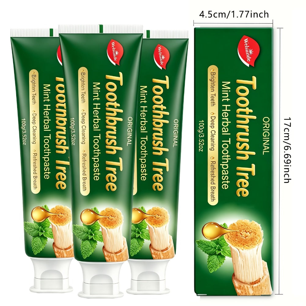 Three-Pack 100g Mint Toothpaste with Flip-Cap Tubes, Cartons and Toothbrush Tree Label Design