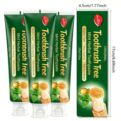 Three-Pack 100g Mint Toothpaste with Flip-Cap Tubes, Cartons and Toothbrush Tree Label Design