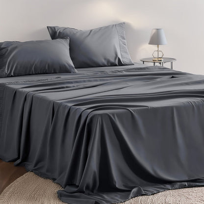 Sheet Set, Four-Piece Solid-Color Bedding with Deep-Pocket Fitted Sheet, Flat Sheet and Two Pillowcases