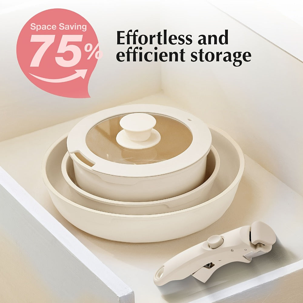 Nonstick Cookware Set 5-Piece Detachable Handle Aluminum Pots and Pans – Space-Saving Stackable Induction Compatible | 8 & 10 Inch Frying Pan Soup Pot Universal Lid | White Pink Beige Coral Pink