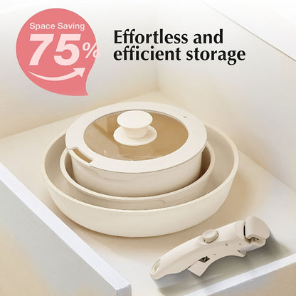 Nonstick Cookware Set 5-Piece Detachable Handle Aluminum Pots and Pans – Space-Saving Stackable Induction Compatible | 8 & 10 Inch Frying Pan Soup Pot Universal Lid | White Pink Beige Coral Pink