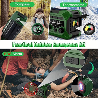 10000mAh AM/FM Emergency Radio with Solar Panel, Hand Crank, Reading Light and Yellow or Green Case