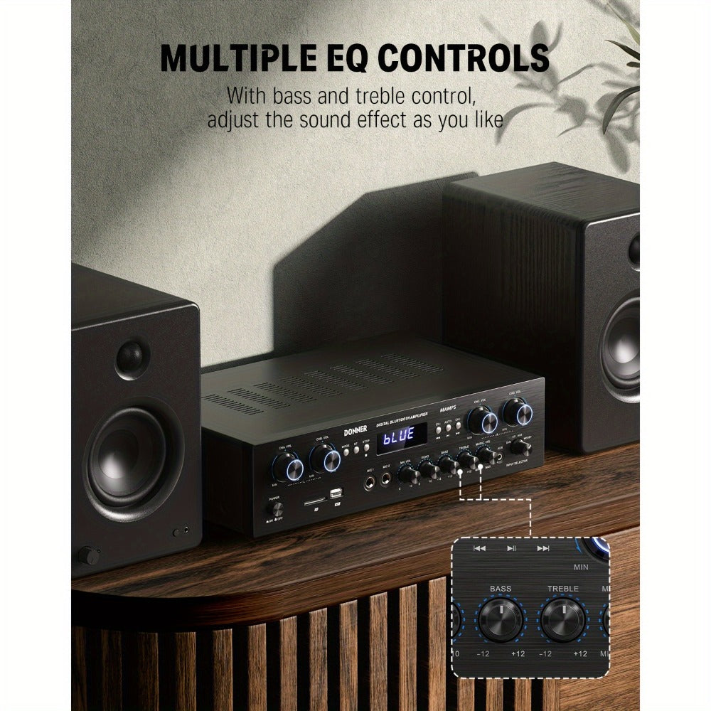 Donner 4-Channel Home Stereo Receiver Amplifier with USB SD FM Radio, Dual Mic Input Echo, RCA