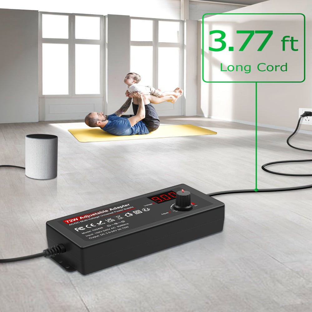Adjustable 3–24V AC/DC Power Adapter with 72W Label, LCD Readout, Knob Control and Connector Set