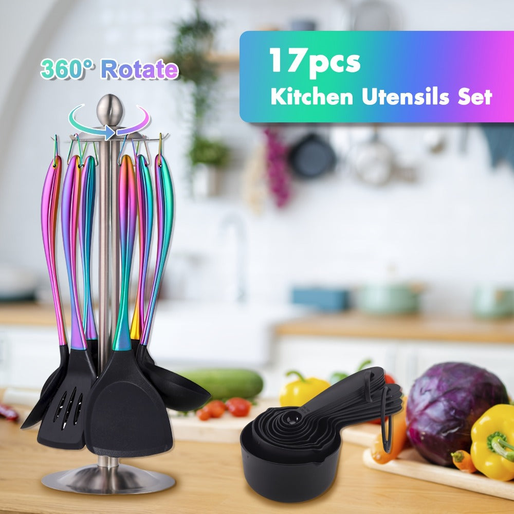 Silicone Cooking Utensils Set 17 Piece Rainbow Titanium with Rotating Holder - Heat Resistant Non-Stick Spatulas