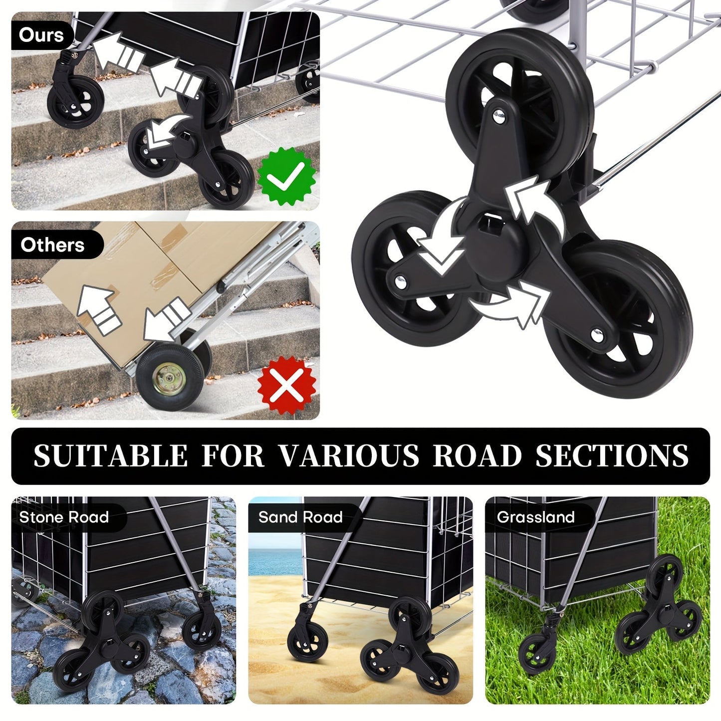 Eight-Wheel Stair-Climbing Utility Cart with Dual Baskets in Exact Black and Silvery Options