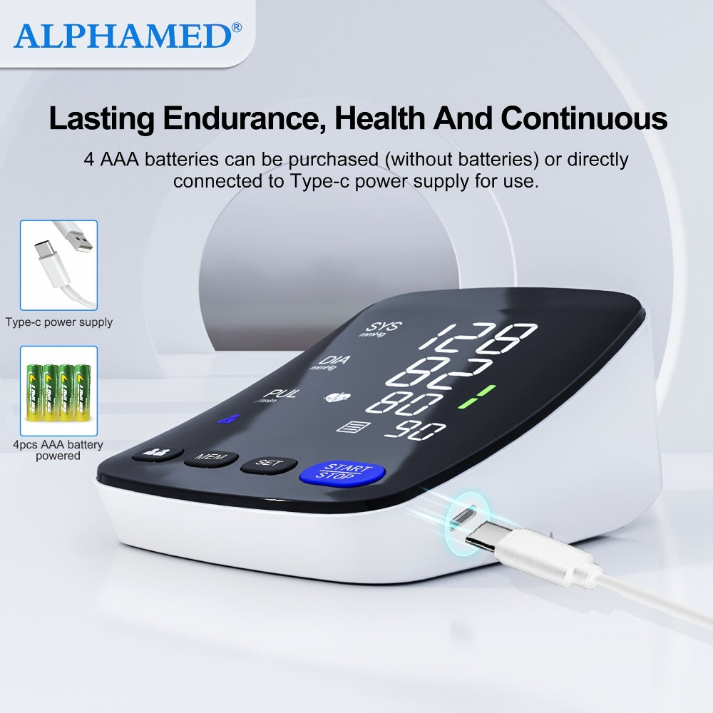 Blood Pressure Monitor by ALPHAMED U82RH, Upper-Arm Curved LED Device with USB Power and 2 x 199 Memory