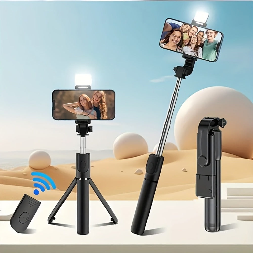 27.16-Inch Compact Selfie Stick Tripod with Integrated Light, Rotating Clamp, Remote and Two Colors