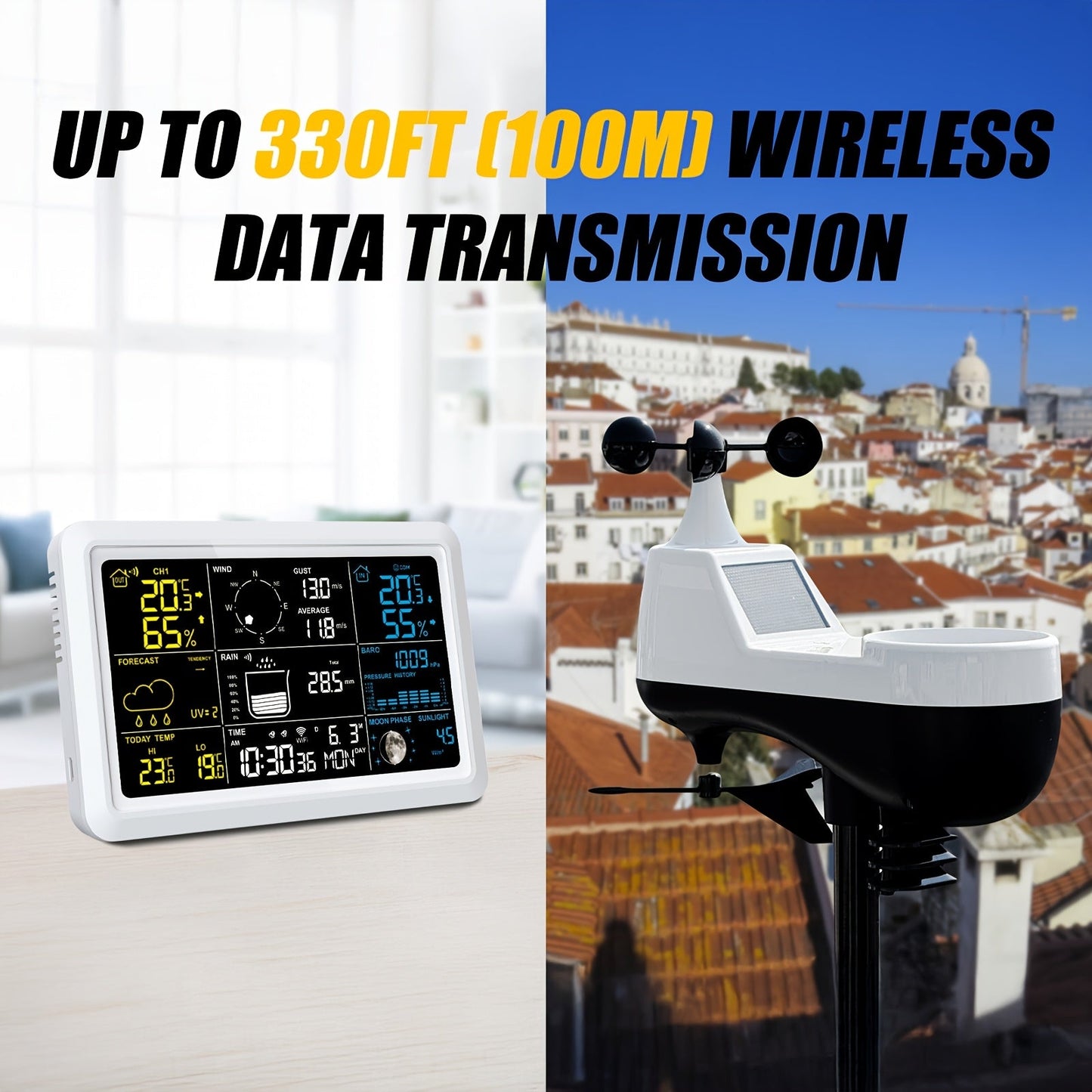 7-in-1 WiFi Weather Station with 7.5-Inch Color Display, Rain Collector, Wind Sensors and Tuya App