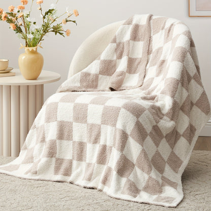 Jacquard Knit Checkered Blanket – Soft Cozy Fluffy Plaid Throw for Couch, Bed & Sofa, All Seasons, 4 Colors, Throw to King Size