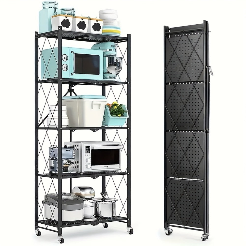 Three-to-Five-Tier Wheeled Storage Rack with Foldable Shelves and Black or White Configurations