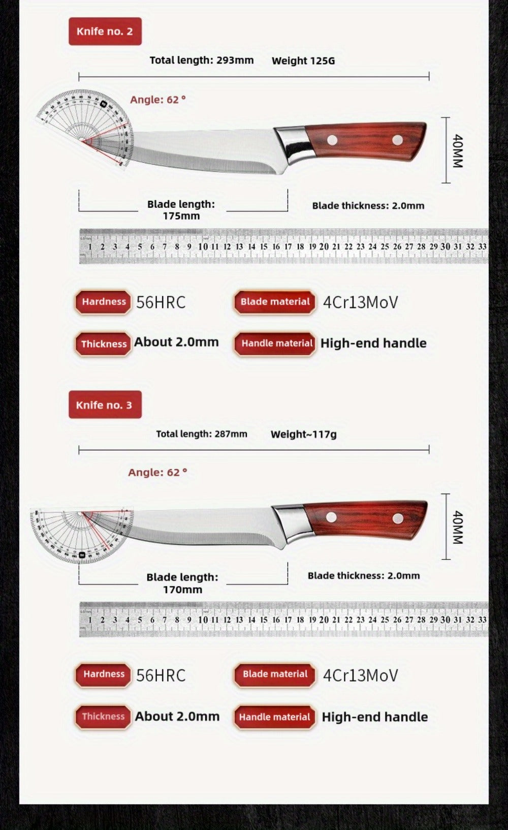 Kitchen Knife Set 3-Piece Hand-Forged Stainless Steel Boning, Fillet and Carving Knives with Optional Sheath