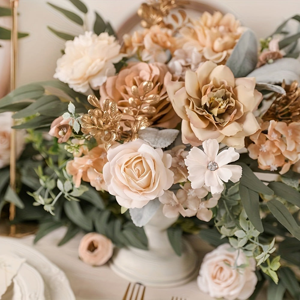 Artificial Flower Combination Box Set with Stems – Champagne Silk Flowers for DIY Wedding Bouquet, Baby Shower, Valentine's Day & Home Decor