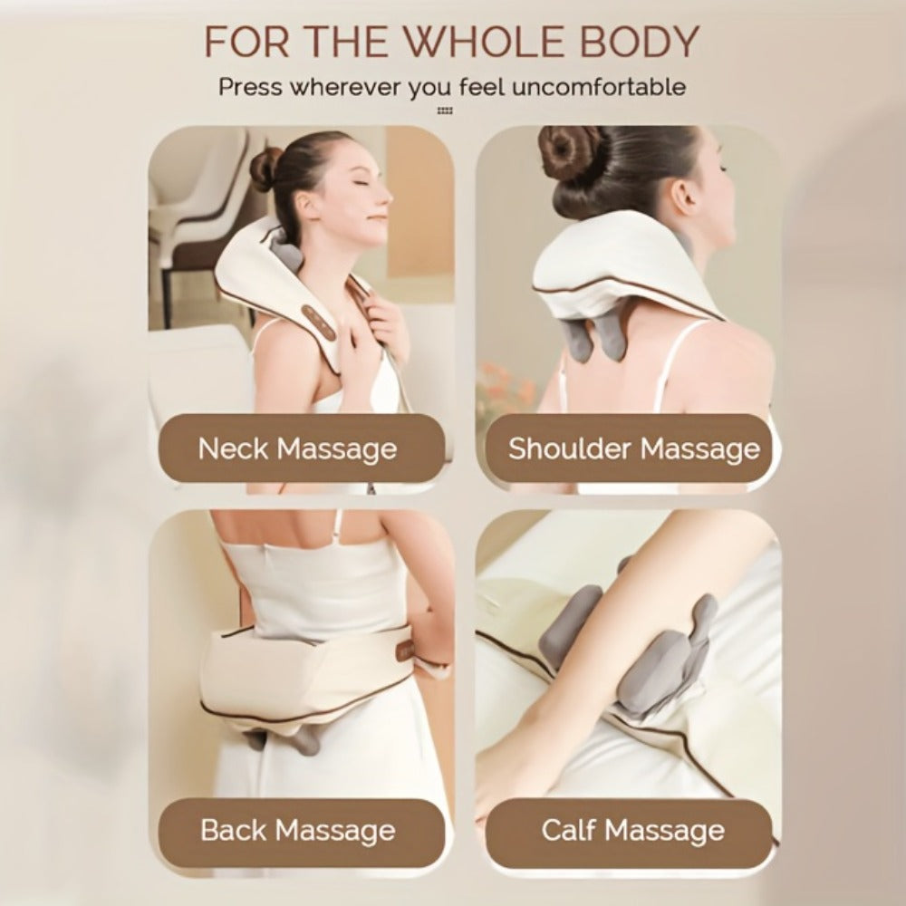6-Node Wireless Neck and Shoulder Massager with Heat, Hands-Free Straps and Beige or White Color Options