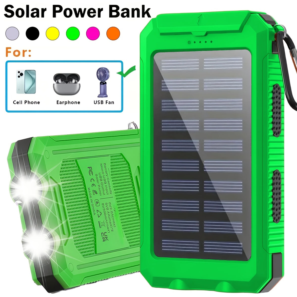 Solar Power Bank, 12800mAh Dual-USB 5V Charger with LED Flashlight and Single-Color or Three-Piece Set Options