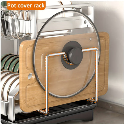Stainless Steel Two-Tier Dish Drying Rack with Drainboard, Cup Holders, Utensil Caddy and Lid Rack