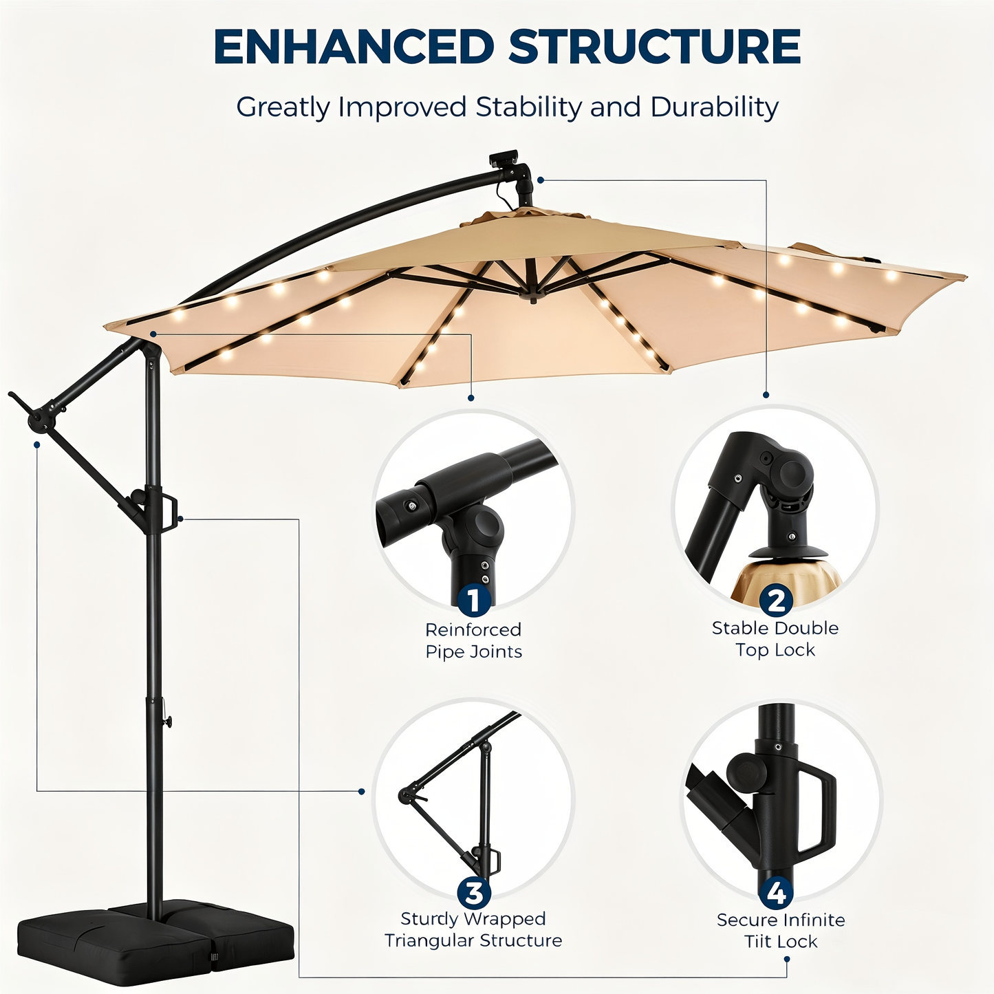 Solar Patio Umbrella 10FT Offset Cantilever LED Lights UPF50+ UV