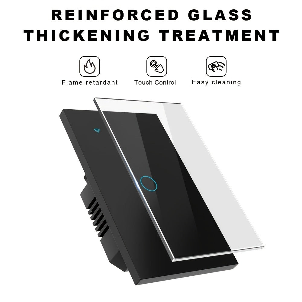 Black Glass WiFi Touch Wall Switch with One-, Two-, Three- or Four-Gang US-Style Options and Neutral-Wire Wiring