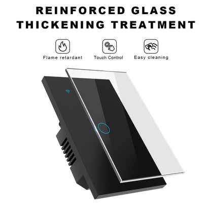 Black Glass WiFi Touch Wall Switch with One-, Two-, Three- or Four-Gang US-Style Options and Neutral-Wire Wiring