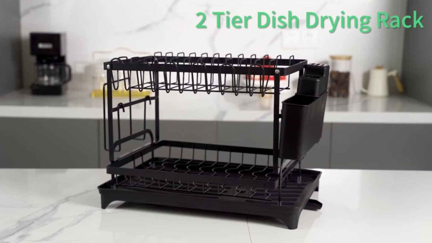 Two-Tier Dish Drying Rack, Compact Metal Countertop Drainer with Drainboard in Three Colors