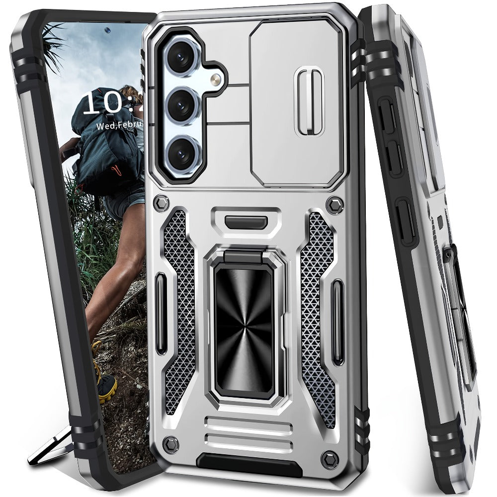 Samsung Galaxy Shockproof Magnetic Phone Case with 360° Rotating Ring Bracket & Sliding Lens Protector – Heavy Duty Cover for S24FE S23FE S22 S21FE Ultra A55 A54 A35 A34 A25 A24 A16 A15 A14 A06 A05 A05S 5G