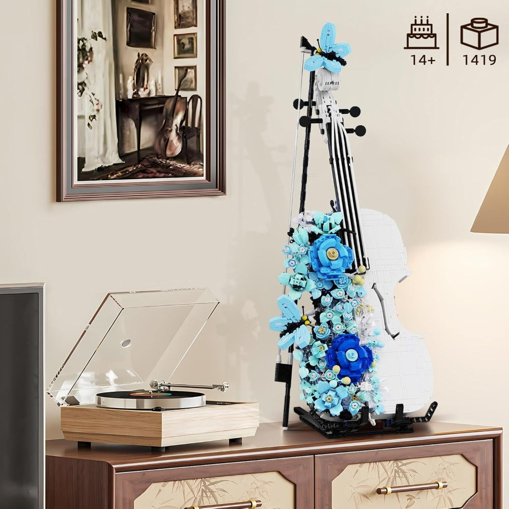 1419-Piece Flower Violin Building Block Model with Brick-Built Stand, Blue Blooms and Panel Detail