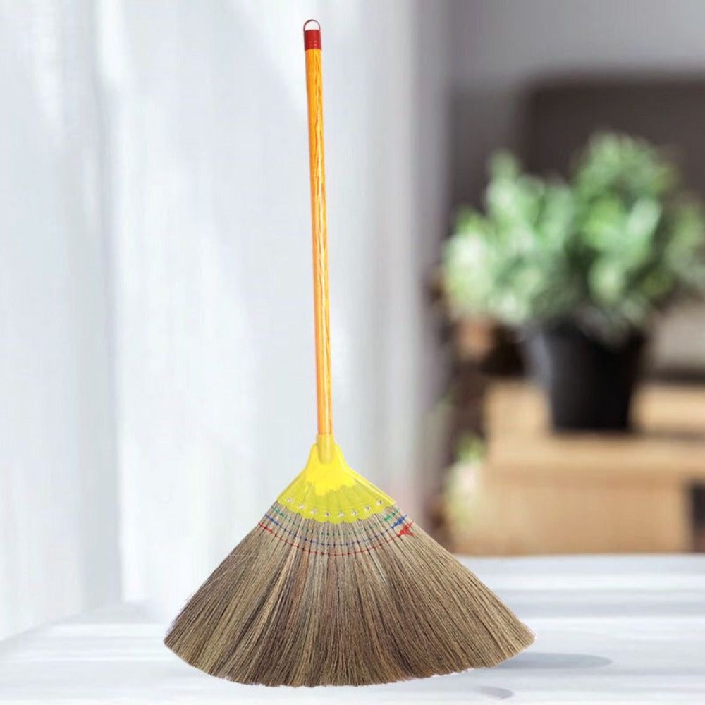 Extra-Long Miscanthus Broom with Soft Full-Length Bristles and Yellow Wrapped Handle for Home Sweeping