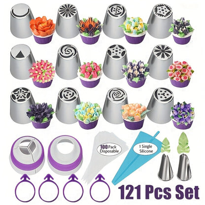 Russian Piping Nozzle Set 121pcs, 12 Flower Icing Tips, 2 Leaf Piping Tips, 2 Couplers and 100 Piping Bags