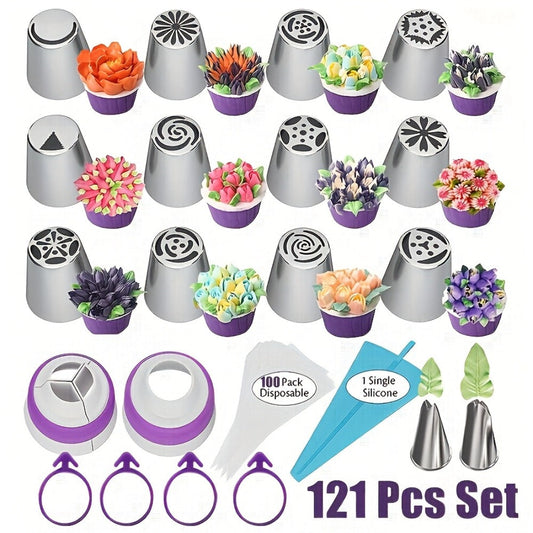 Russian Piping Nozzle Set 121pcs, 12 Flower Icing Tips, 2 Leaf Piping Tips, 2 Couplers and 100 Piping Bags, Cake Decorating Tools for Cupcake Cookie Frosting, Baking Supplies for Home and Professional Bakers