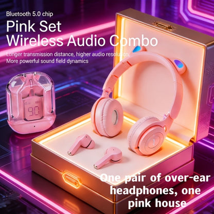 Cute Pink Cat Ear Headphones & Wireless Earbuds Gift Set Bundle LED Glowing Over-Ear for Bedside Audio, Alarms and Room Entertainment