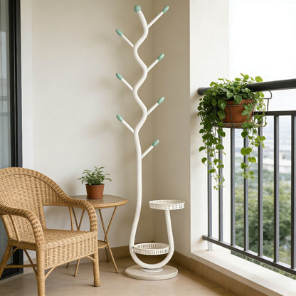 Freestanding Coat Tree with Branching Hooks, Circular Lower Shelf and White, Black or Golden Finish