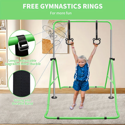 Height-Adjustable Kids Gymnastics Bar in Green or Yellow for Supervised Indoor or Outdoor Training
