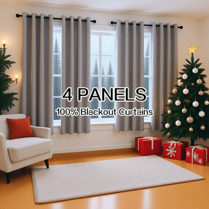Four-Panel Grommet Blackout Curtain Set in Wine Red, Black or Gray with Six Sizes from 37 x 54 to 52 x 108 Inches