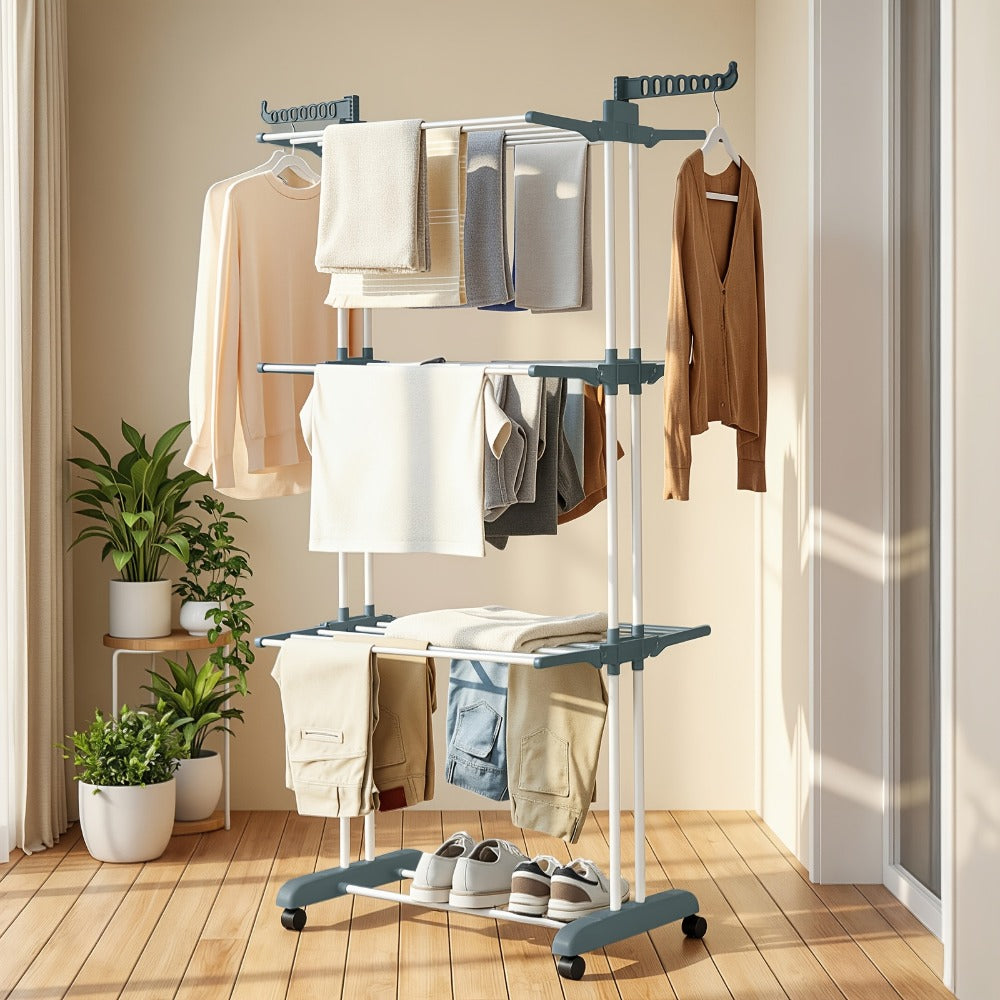 Four-Tier Foldable Metal Clothes Drying Rack with Casters for Up to 30 Garments and Small Spaces