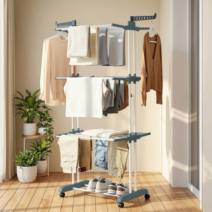 Four-Tier Foldable Metal Clothes Drying Rack with Casters for Up to 30 Garments and Small Spaces