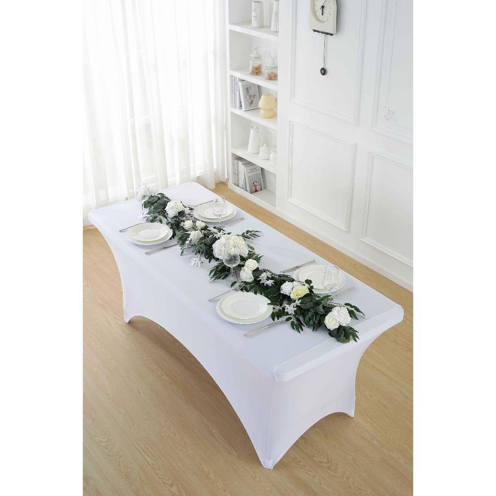 Tablecloth Fitted Stretch Cover Set for 4, 6 or 8-Foot Rectangle Tables in 3 or 5-Piece Packs