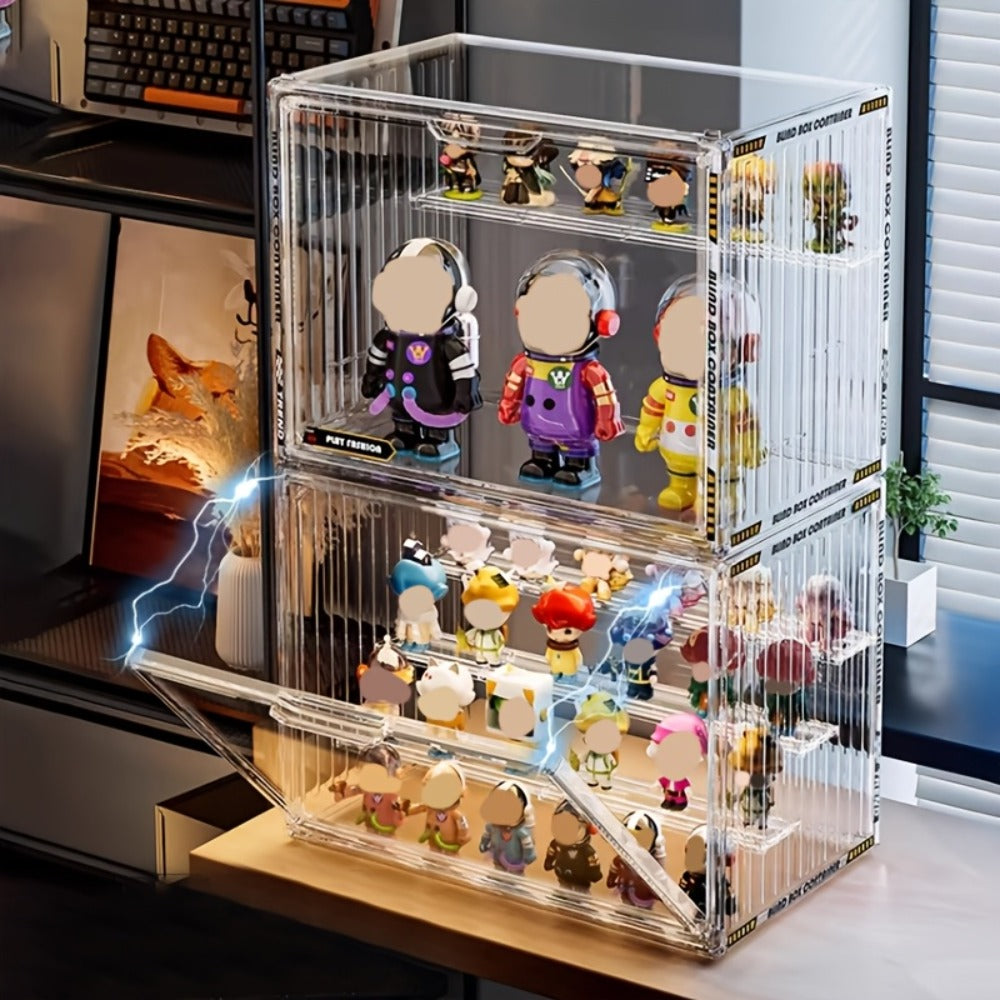 Clear Acrylic Figure Display Case with Magnetic Door, Adjustable Dividers and 3- or 4-Tier Options