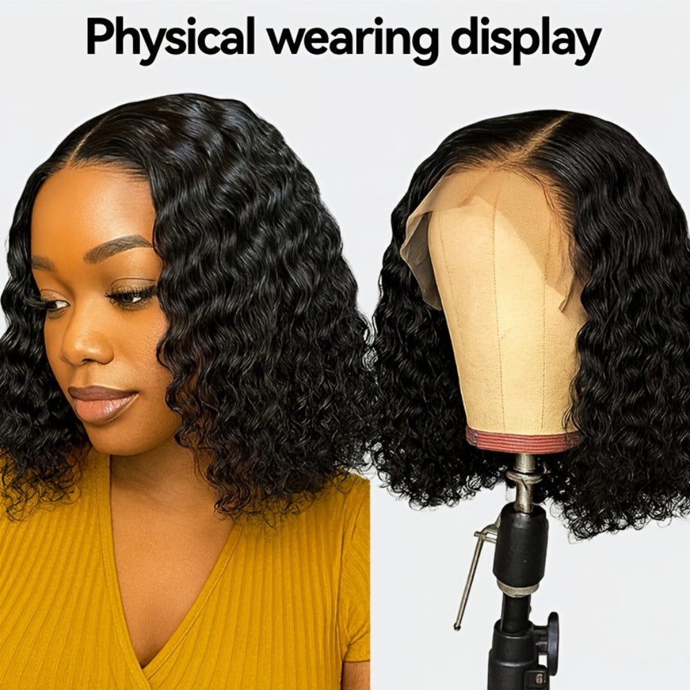 Lace Front Wig Deep-Wave Black 14-Inch Synthetic Style with Glueless Cap, Pre-Plucked Front and Baby Hair