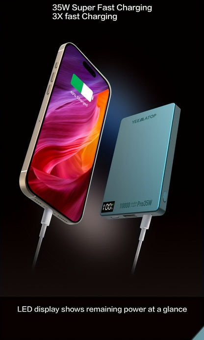 10000mAh Thin Magnetic Power Bank with 35W USB-C and 30W USB-A Port Markings in Four Colors