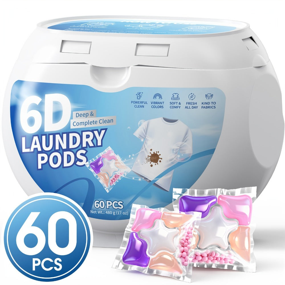 Laundry Detergent Gel Pods, 60-Count 480g Pack in a Clear Six-Cell Handled Storage Tub with Multicolor Pods
