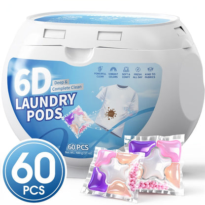 Laundry Detergent Gel Pods, 60-Count 480g Pack in a Clear Six-Cell Handled Storage Tub with Multicolor Pods