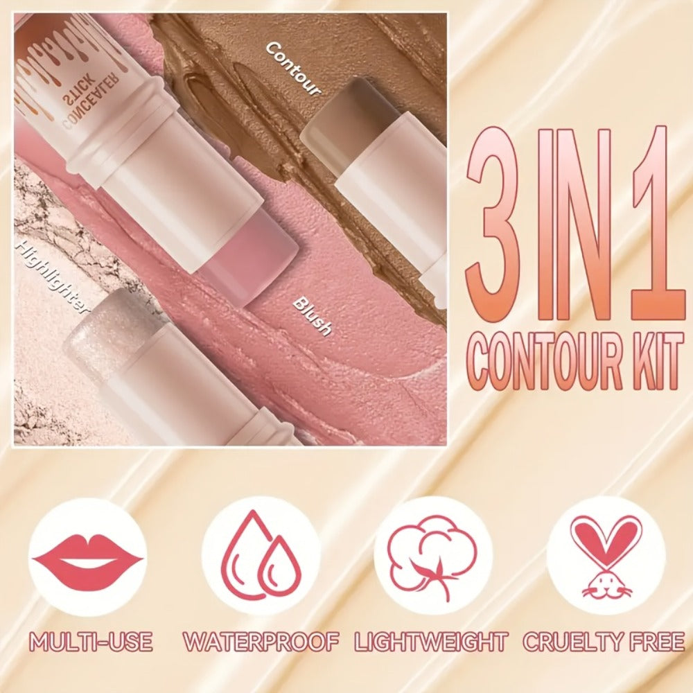 Cream Contour Stick Set 3-in-1 with Blush Highlighter & Bronzer — Squalane Non-Greasy water-resistant extended-wear Sculpting Kit, Matte &