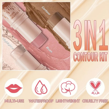 Cream Contour Stick Set 3-in-1 with Blush Highlighter & Bronzer — Squalane Non-Greasy water-resistant extended-wear Sculpting Kit, Matte &