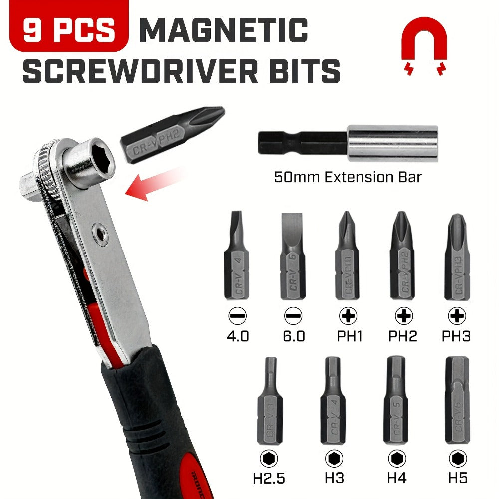 Right-Angle Ratcheting Screwdriver Set with 10- or 16-Piece Bit and Socket Configurations for Tight Access