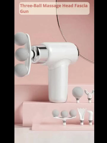 White USB-Rechargeable Massage Gun with Straight-Grip Body and Nine Interchangeable Massage Head Styles