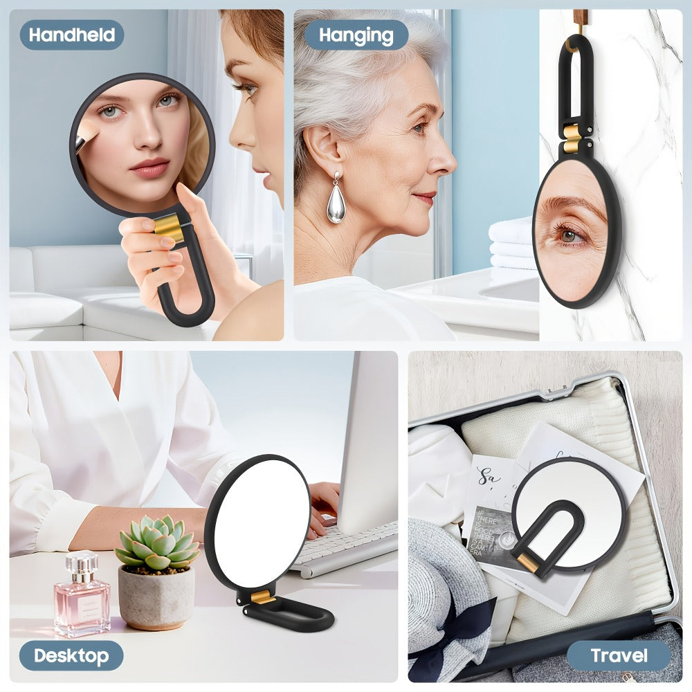Black Handheld Magnifying Mirror with 360-Degree Adjustable Handle and Compact Travel Format, 80X Checkout Label