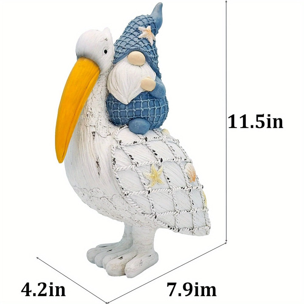 Pelican Gnome Figurine 11.5" – Resin Coastal Beach Decor with Starfish & Seashell, Tabletop Statue for Home, Garden & Poolside – Summer Gift & Nautical Decor